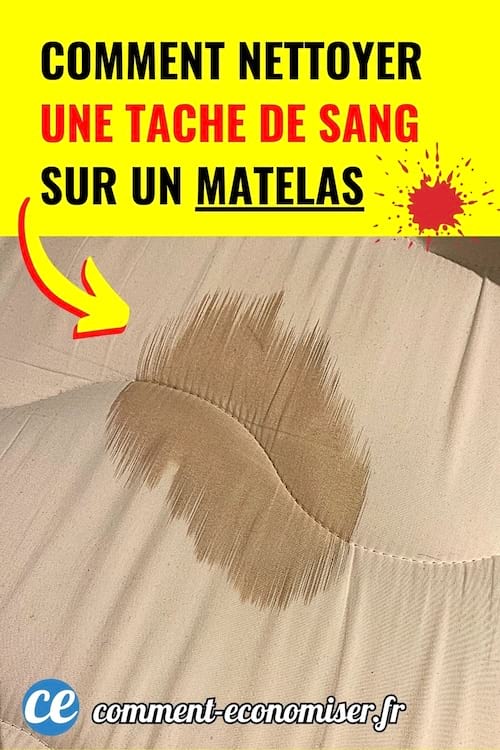 Matelas beige taché de sang séché en forme de grande auréole.
