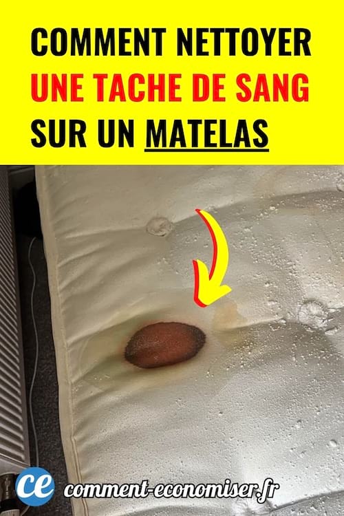 Matelas avec tache de sang fonc&eacute;e visible et fl&egrave;che jaune indiquant l&rsquo;endroit &agrave; d&eacute;tacher.