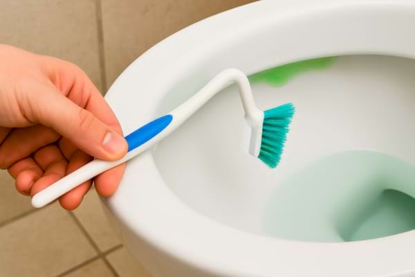 Une brosse à dents est utilisée pour récurer l’intérieur d’une cuvette de toilettes.