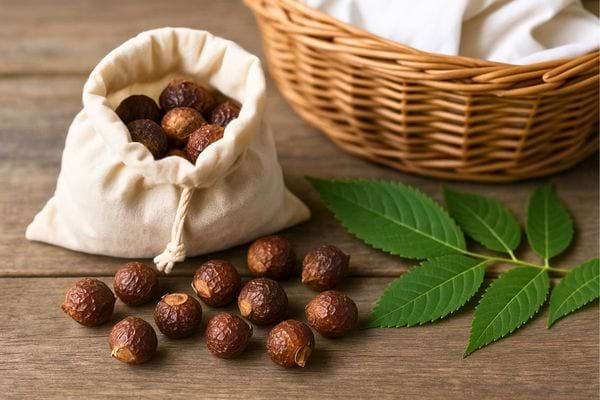 Noix de lavage naturelles dans un sac en tissu près d’un panier et de feuilles.