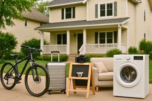 Devant une maison, plusieurs objets comme un vélo, une valise, une machine à laver et un canapé sont alignés.