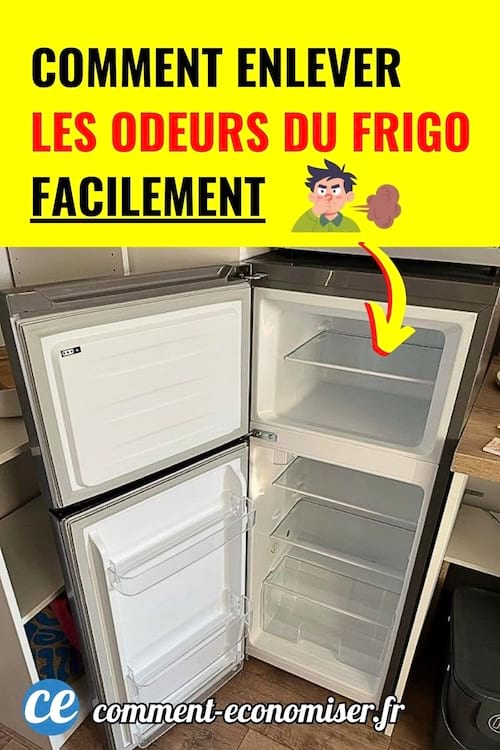 Réfrigérateur ouvert et vide, flèche jaune indiquant l’intérieur pour éliminer les mauvaises odeurs.