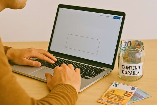 Une personne travaille sur un ordinateur portable à côté d’un bocal rempli de billets avec l’étiquette « contenu durable ».