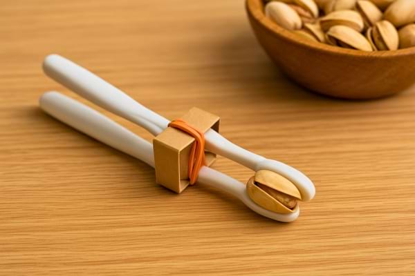 Deux brosses à dents attachées servent à casser une pistache.