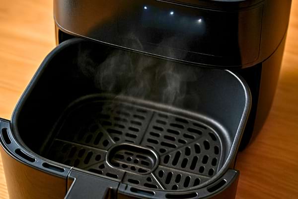 Le panier de la friteuse à air est vide, encore chaud, avec de la vapeur visible.