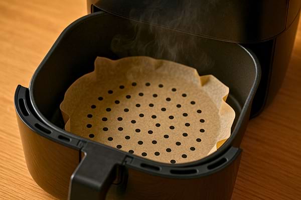 Un papier cuisson perforé est placé au fond du panier de la friteuse à air.