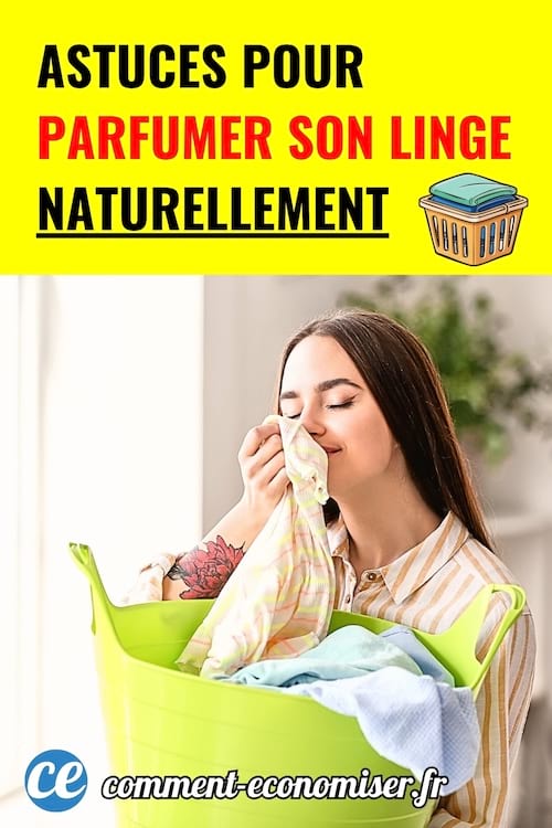 Femme souriante sentant du linge propre dans une bassine verte, fond lumineux et texte explicatif.