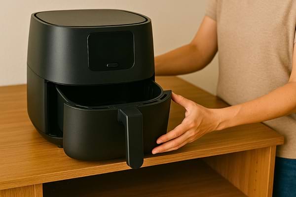 Une personne tire le panier d’une friteuse à air noire posée sur une table en bois.