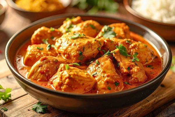 Bol de poulet mijoté dans une sauce épicée garnie de coriandre fraîche.