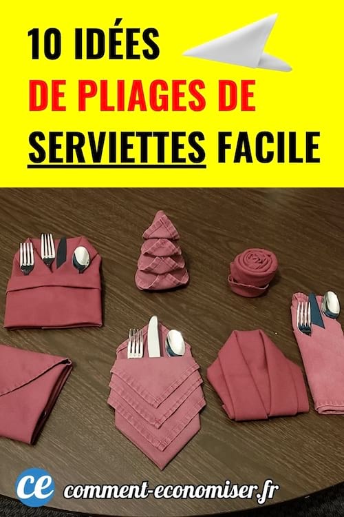Plusieurs serviettes rouges pliées artistiquement avec couverts, fond jaune vif, texte rouge et noir.