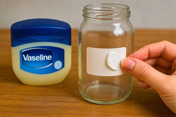 Doigt appliquant de la vaseline sur un pot en verre.