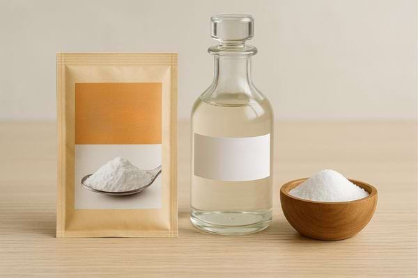 Un sachet, un bol en bois et une bouteille en verre contenant des produits naturels sur une table claire.