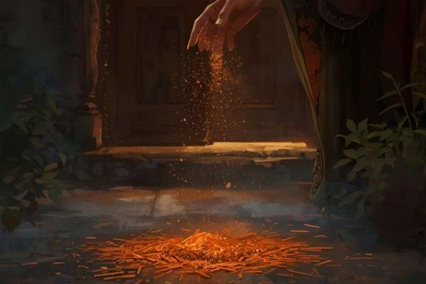 Cannelle en poudre saupoudré devant une maison le soir.