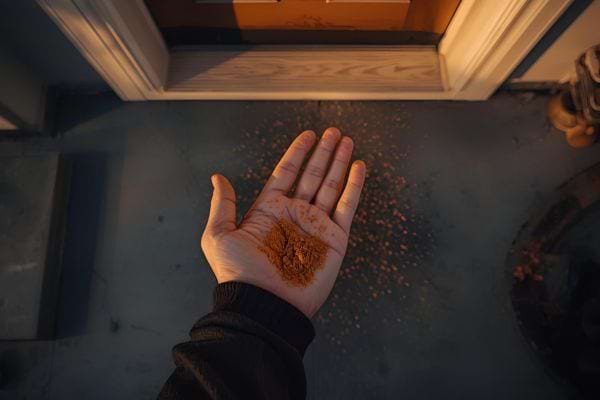 Une main avec de la cannelle en poudre devant une maison.