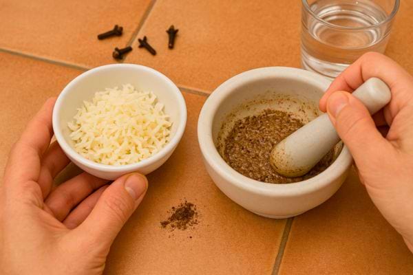 Mortier avec mélange de clous de girofle broyés et bol de riz râpé.