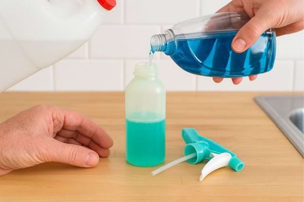 Deux personnes versent un liquide bleu dans un flacon pour fabriquer un nettoyant maison.