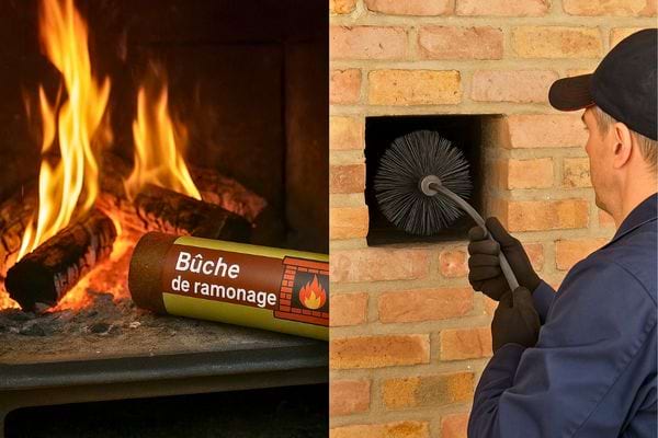 Comparaison entre une bûche de ramonage allumée et un ramoneur nettoyant une cheminée.