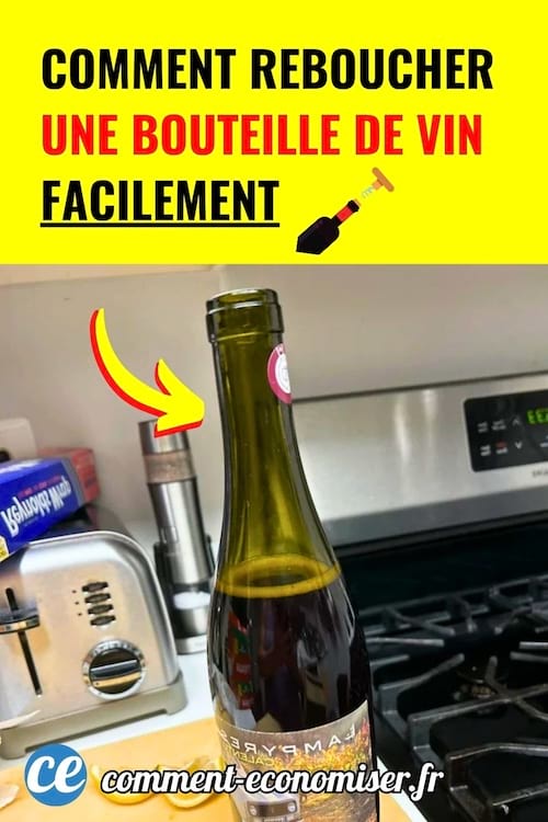 Bouteille de vin rouge ouverte sur un plan de cuisine avec flèche jaune.