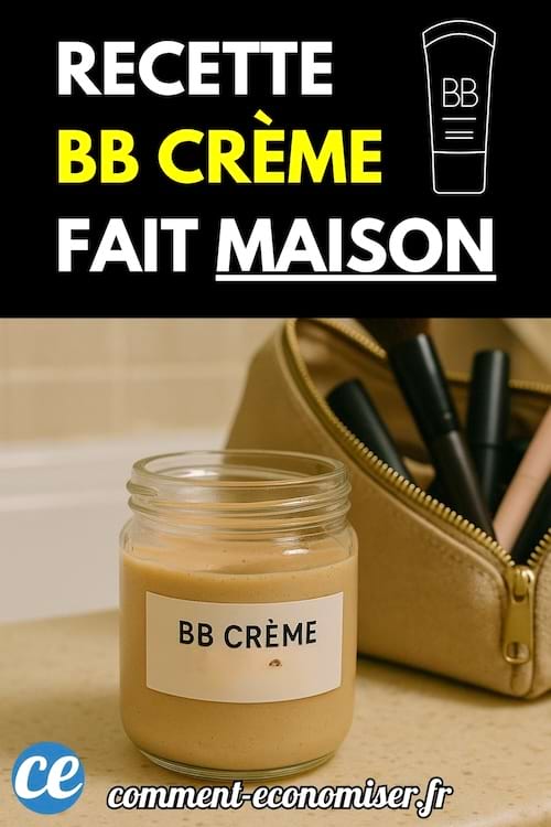 Pot en verre étiqueté BB crème devant trousse de maquillage beige.