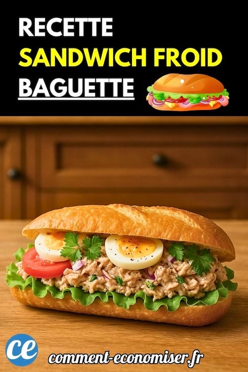 Sandwich baguette garni d’œuf, thon, tomate et salade.