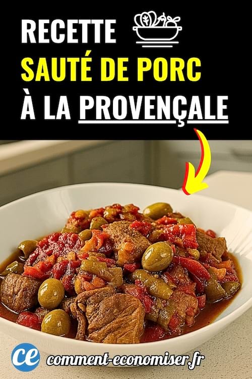 Plat mijoté de porc à la provençale avec olives et poivrons rouges dans une assiette blanche.