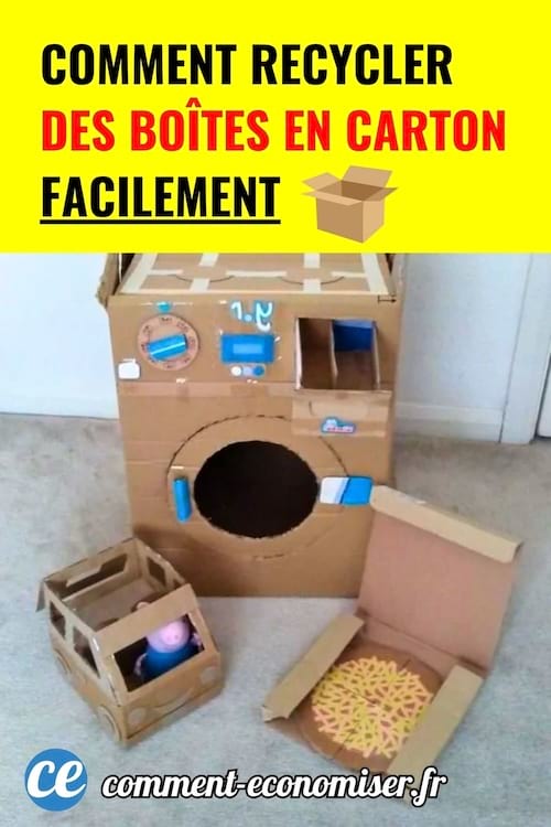 Boîtes en carton transformées en jouets maison sur moquette beige.