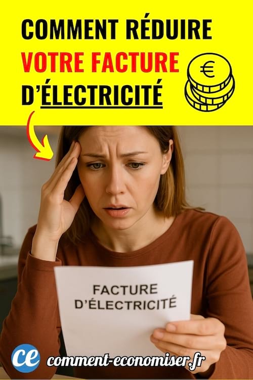 Femme regardant sa facture d’électricité avec inquiétude dans sa cuisine.