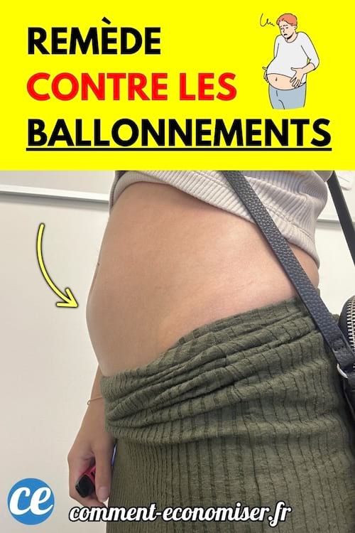 Ventre gonflé d’une femme en jupe verte serrée, flèche jaune pointant.