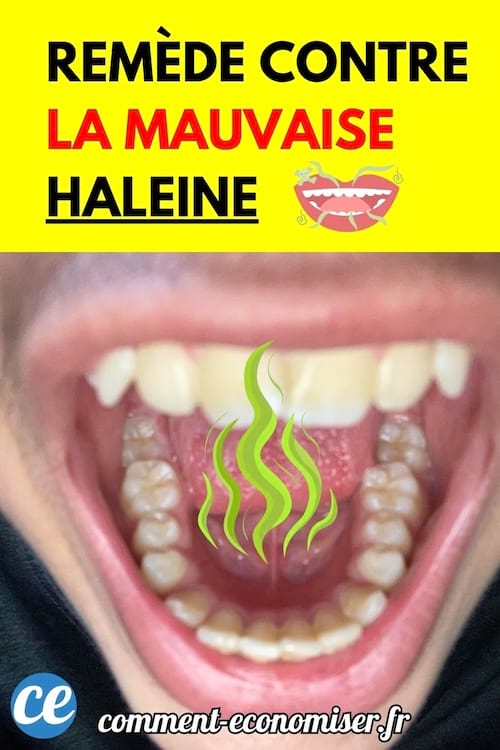Bouche ouverte avec dents visibles et dessin de vapeur verte illustrant la mauvaise haleine.
