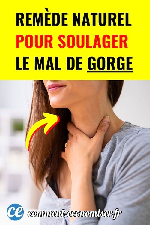 Femme touche sa gorge douloureuse, flèche jaune, texte coloré sur fond jaune vif.
