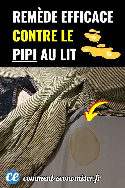 Lit avec tache d’urine et flèche jaune indiquant un remède efficace contre le pipi au lit.