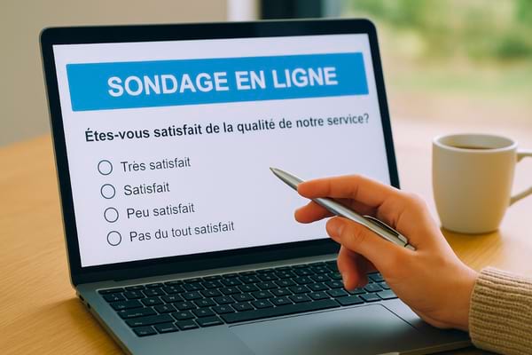 Une main tient un stylo devant un écran d’ordinateur affichant un sondage de satisfaction en ligne.