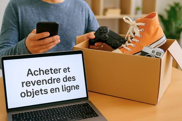 Un homme prépare une boîte contenant divers objets à revendre en ligne, avec un ordinateur affichant le texte correspondant.