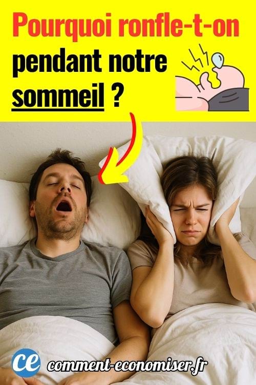 Un lit dans lequel un homme ronfle et une femme à côté de lui, qui n'arrive pas à dormir
