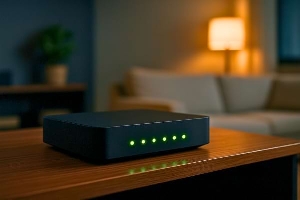 Une box internet allumée sur une étagère en bois