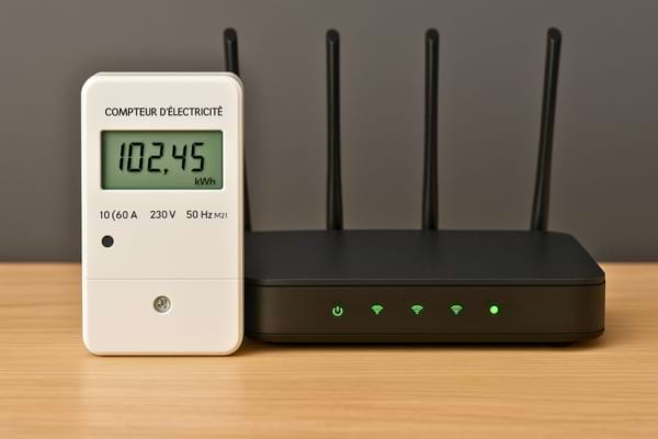 Gros plan sur un compteur d’électricité numérique montrant la consommation en kWh