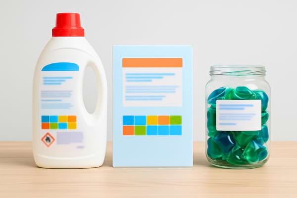 trois types de lessive côte à côte : un bidon liquide, une boîte de poudre et un bocal de capsules