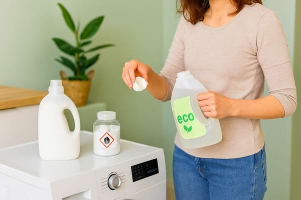 une femme versant une petite dose de lessive écologique dans le tiroir d’une machine
