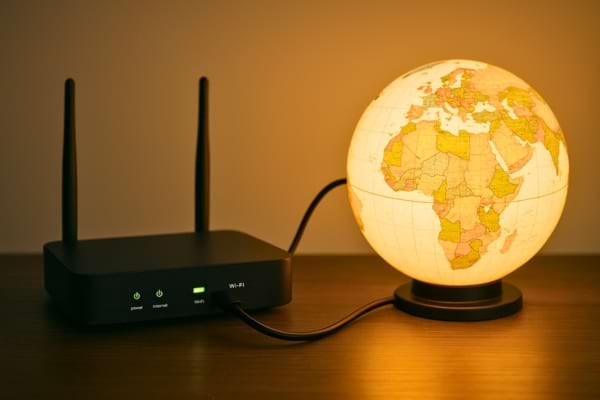 Illustration symbolique d’une empreinte carbone numérique : une box Wi-Fi connectée à un globe terrestre lumineux.