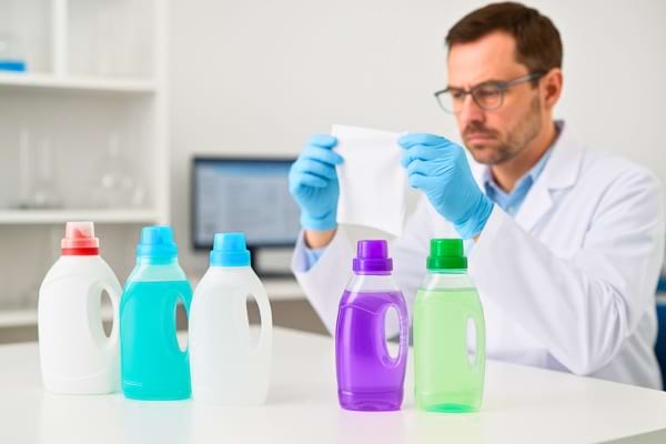 un laboratoire d’analyse avec des flacons de lessive