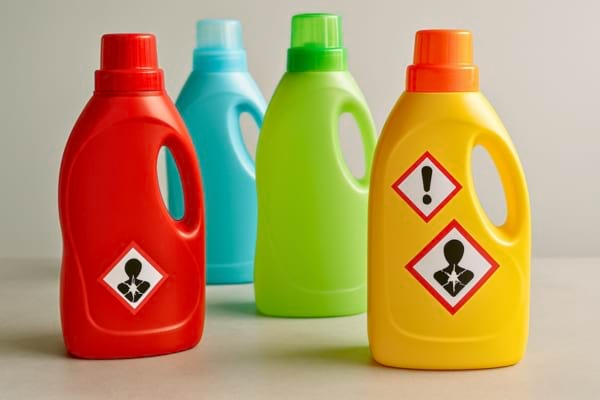 plusieurs bouteilles de lessive aux couleurs vives posées sur une table, certaines avec des symboles d’avertissement