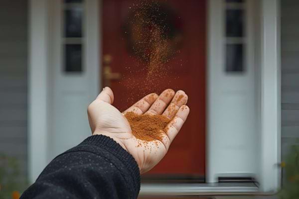 Un main qui saupoudre de la cannelle en poudre devant une maison.