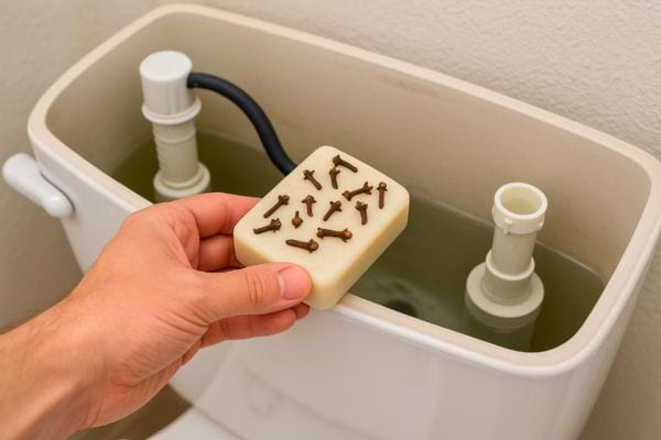Savon piqué de clous de girofle placé dans le réservoir de toilettes.