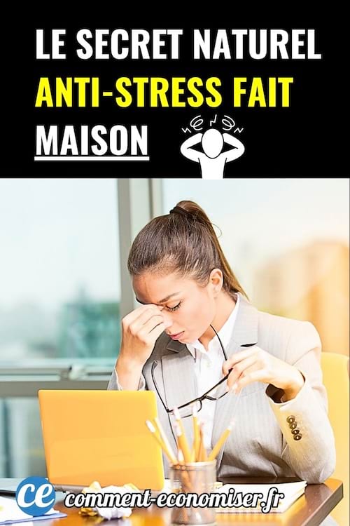 Femme au bureau se massant le front, air fatigué, avec texte sur fond noir annonçant un remède anti-stress.