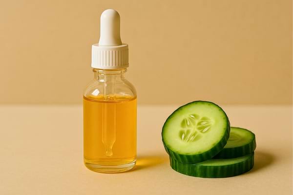 Flacon de sérum doré avec tranches de concombre sur fond beige.