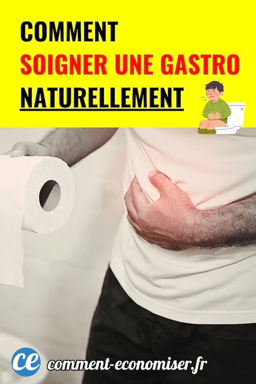Homme souffrant du ventre tenant un rouleau de papier toilette, fond jaune et texte informatif.