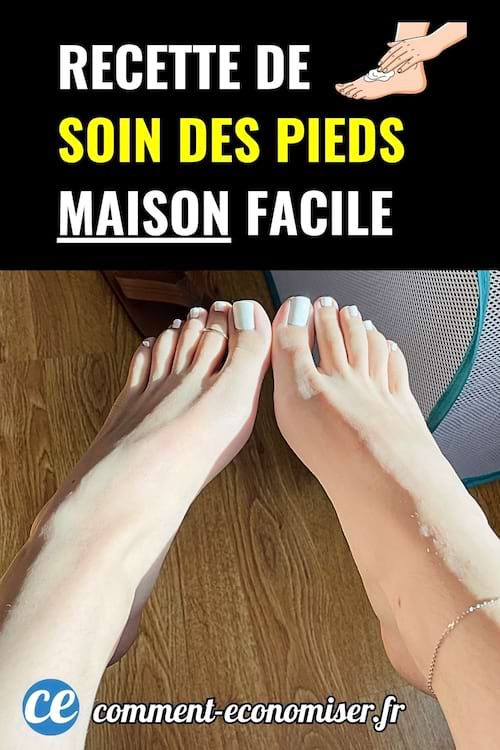 Pieds bien entretenus avec vernis blanc posés sur un sol en bois illustrant un soin des pieds maison.