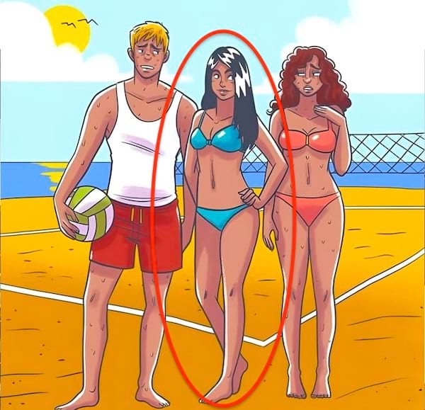 Solution du défi visuel : le femme sur la plage ne transpire pas, ce qui prouve qu'elle est un robot
