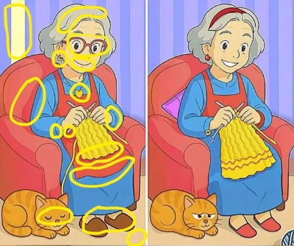 Solution au jeu des différences représentant deux illustrations d’une grand-mère tricotant sur un fauteuil rouge avec un chat endormi à ses pieds.