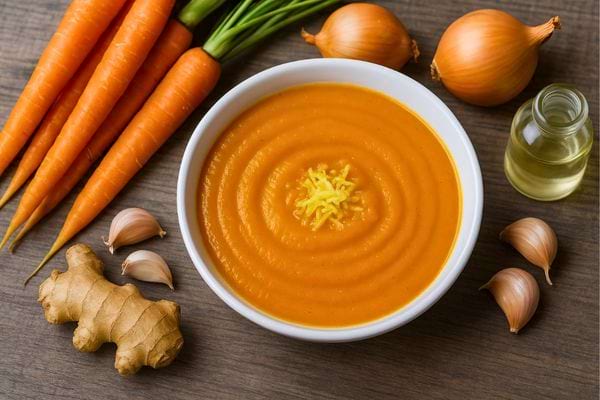  Bol de soupe orange à base de carottes, entouré de gingembre, ail, oignons et huile sur table en bois.